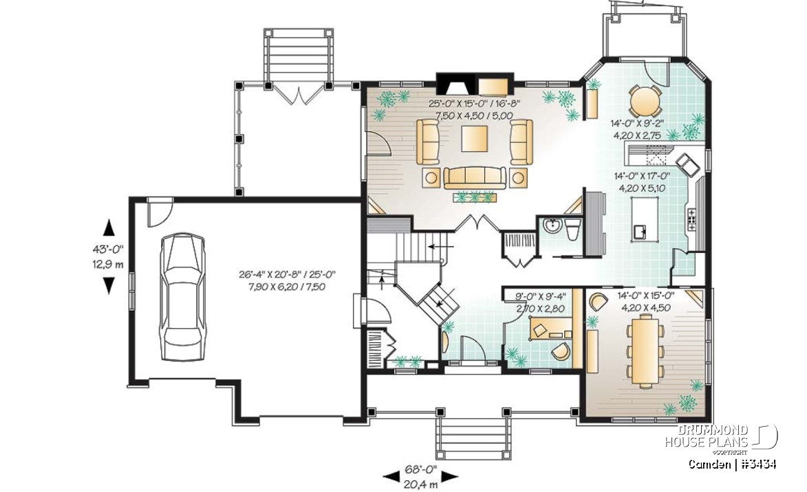 1st level - Farmhouse style home plan, 3 to 4 bedrooms,  master suite, 2-car garage, fireplace, formal dining, office - Camden