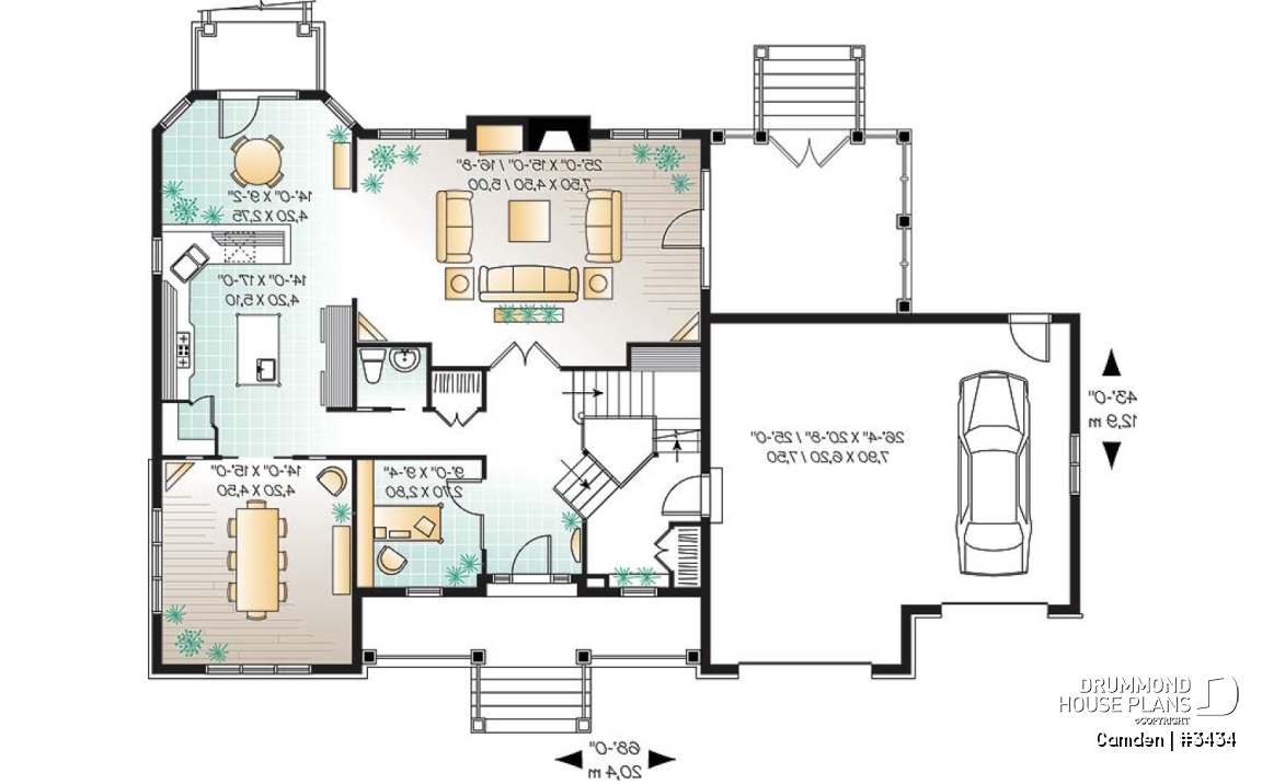 1st level - Farmhouse style home plan, 3 to 4 bedrooms,  master suite, 2-car garage, fireplace, formal dining, office - Camden