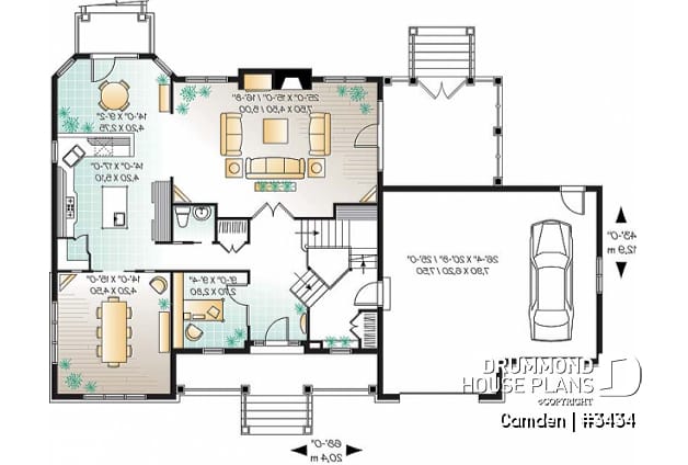 1st level - Farmhouse style home plan, 3 to 4 bedrooms,  master suite, 2-car garage, fireplace, formal dining, office - Camden