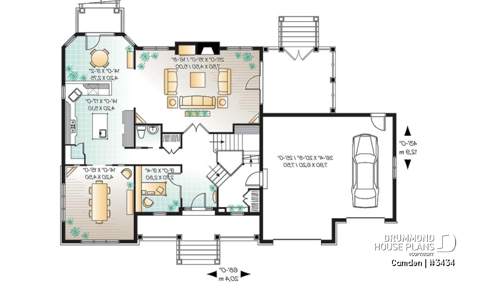 1st level - Farmhouse style home plan, 3 to 4 bedrooms,  master suite, 2-car garage, fireplace, formal dining, office - Camden