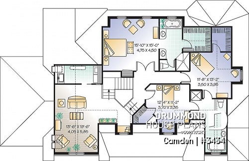 2nd level - Farmhouse style home plan, 3 to 4 bedrooms,  master suite, 2-car garage, fireplace, formal dining, office - Camden