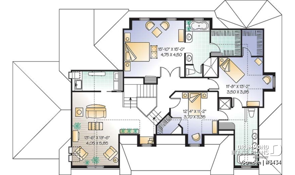 2nd level - Farmhouse style home plan, 3 to 4 bedrooms,  master suite, 2-car garage, fireplace, formal dining, office - Camden