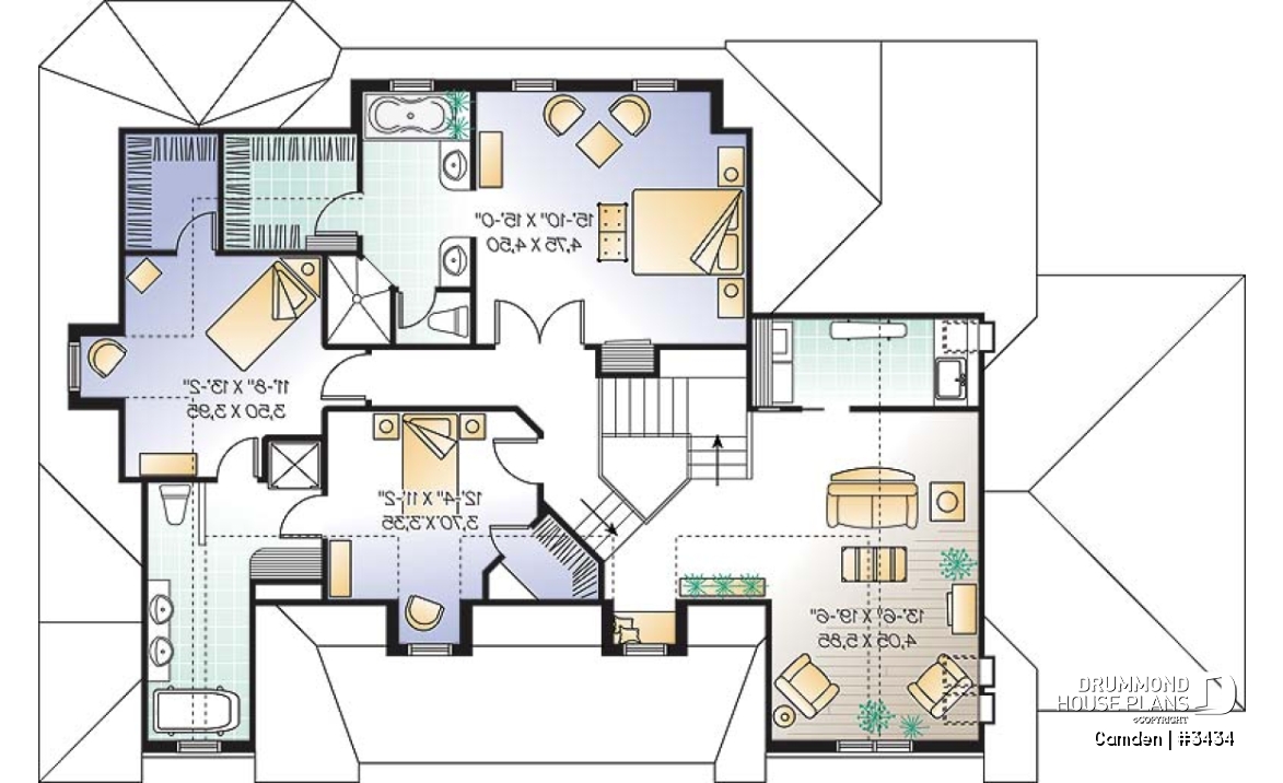 2nd level - Farmhouse style home plan, 3 to 4 bedrooms,  master suite, 2-car garage, fireplace, formal dining, office - Camden