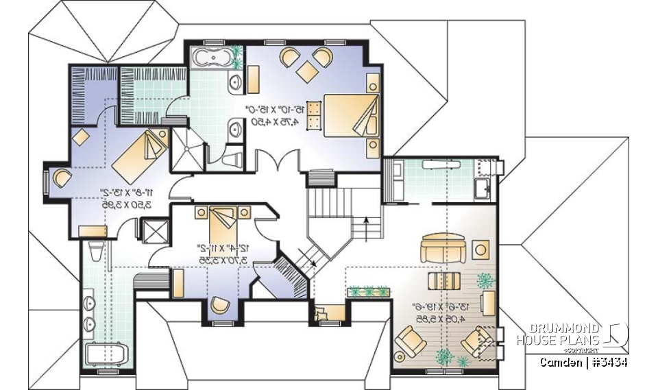 2nd level - Farmhouse style home plan, 3 to 4 bedrooms,  master suite, 2-car garage, fireplace, formal dining, office - Camden