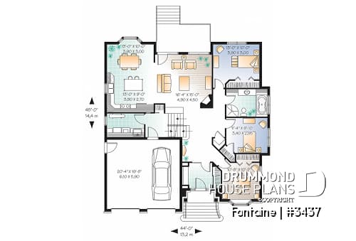 1st level - House plan with large master suite, split bedrooms floor plan, home office, large laundry room, 2-car garage - Fontaine
