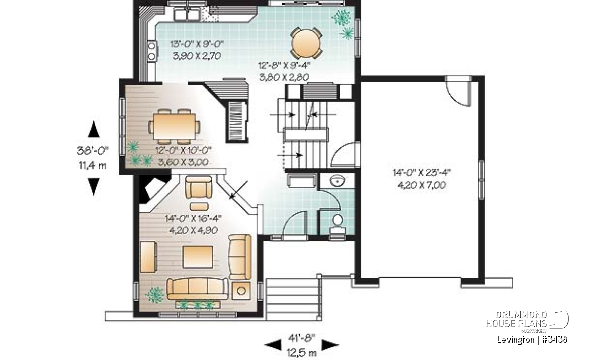 1st level - 3 bedroom country home design with garage, laundry room on second floor, sunken living room - Levington