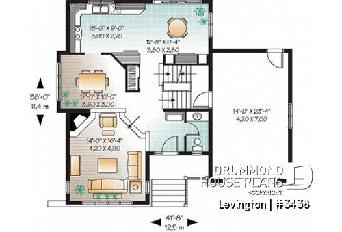 1st level - 3 bedroom country home design with garage, laundry room on second floor, sunken living room - Levington