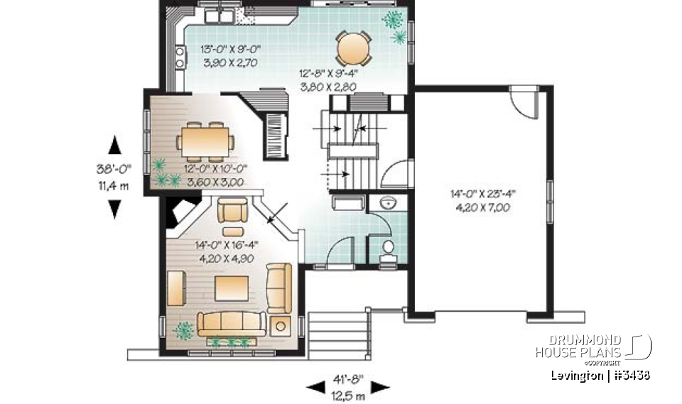 1st level - 3 bedroom country home design with garage, laundry room on second floor, sunken living room - Levington