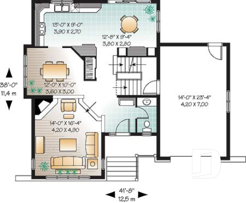 1st level - 3 bedroom country home design with garage, laundry room on second floor, sunken living room - Levington