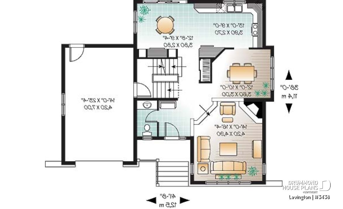 1st level - 3 bedroom country home design with garage, laundry room on second floor, sunken living room - Levington