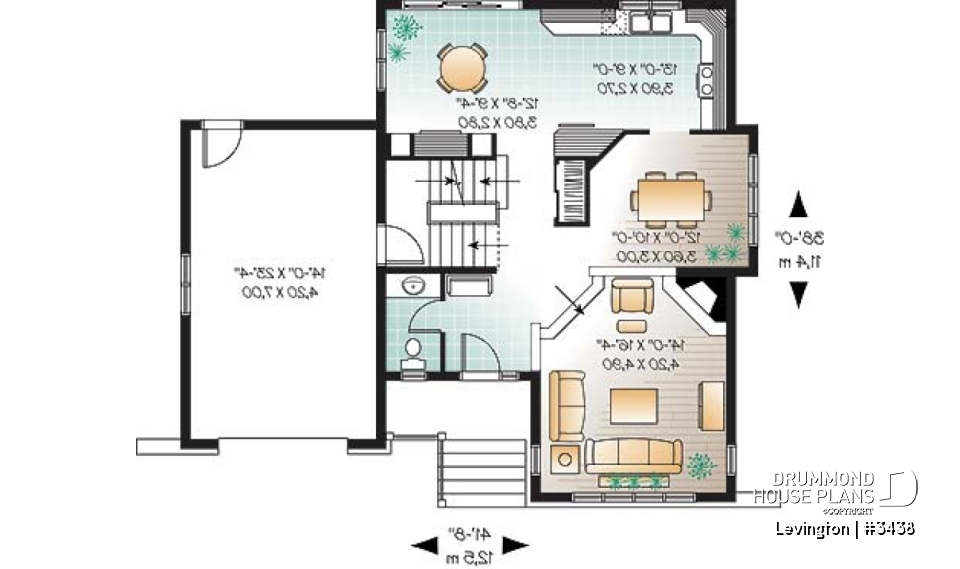 1st level - 3 bedroom country home design with garage, laundry room on second floor, sunken living room - Levington