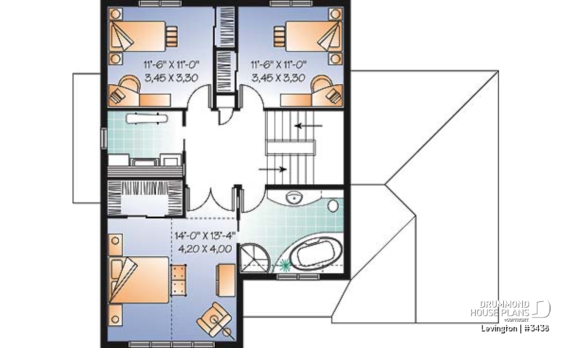 2nd level - 3 bedroom country home design with garage, laundry room on second floor, sunken living room - Levington