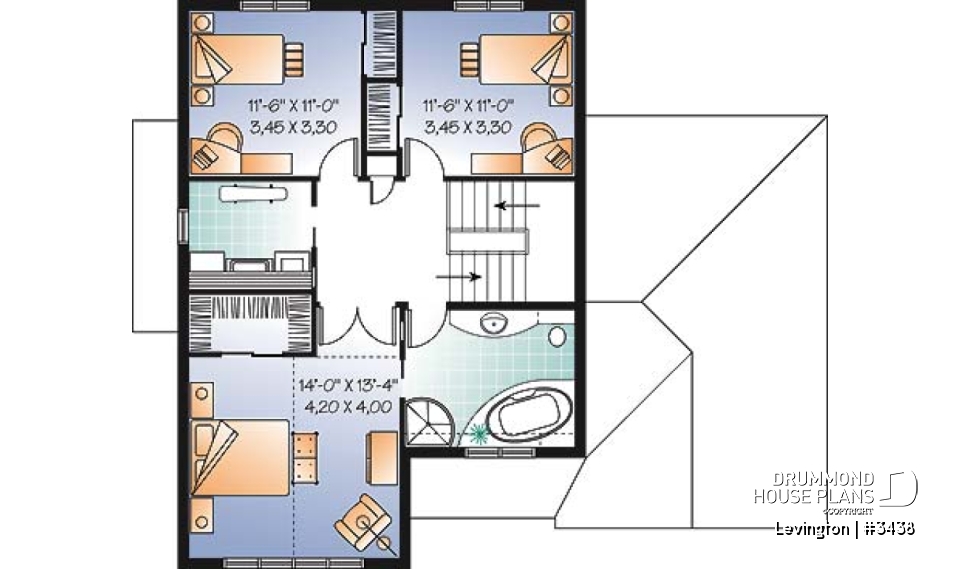 2nd level - 3 bedroom country home design with garage, laundry room on second floor, sunken living room - Levington