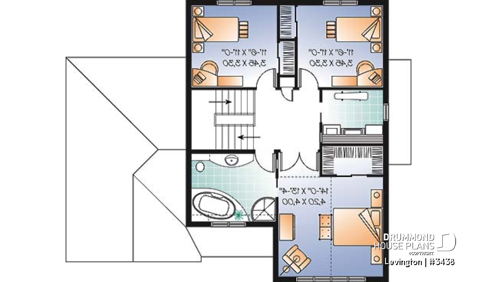 2nd level - 3 bedroom country home design with garage, laundry room on second floor, sunken living room - Levington