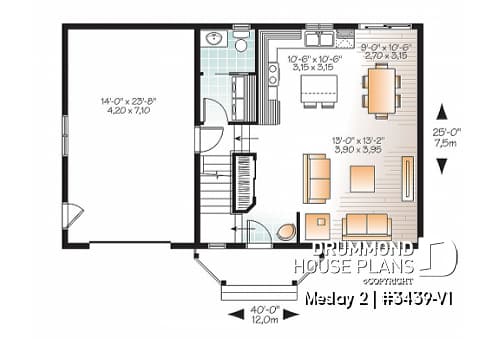 1st level - Transitional small house plan with functional  open floor plan, 3 large bedrooms and a garage - Meslay 2