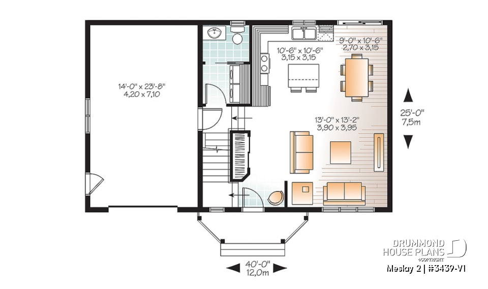 1st level - Transitional small house plan with functional  open floor plan, 3 large bedrooms and a garage - Meslay 2