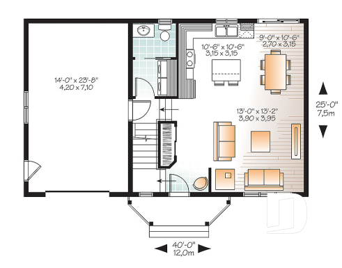 1st level - Transitional small house plan with functional  open floor plan, 3 large bedrooms and a garage - Meslay 2