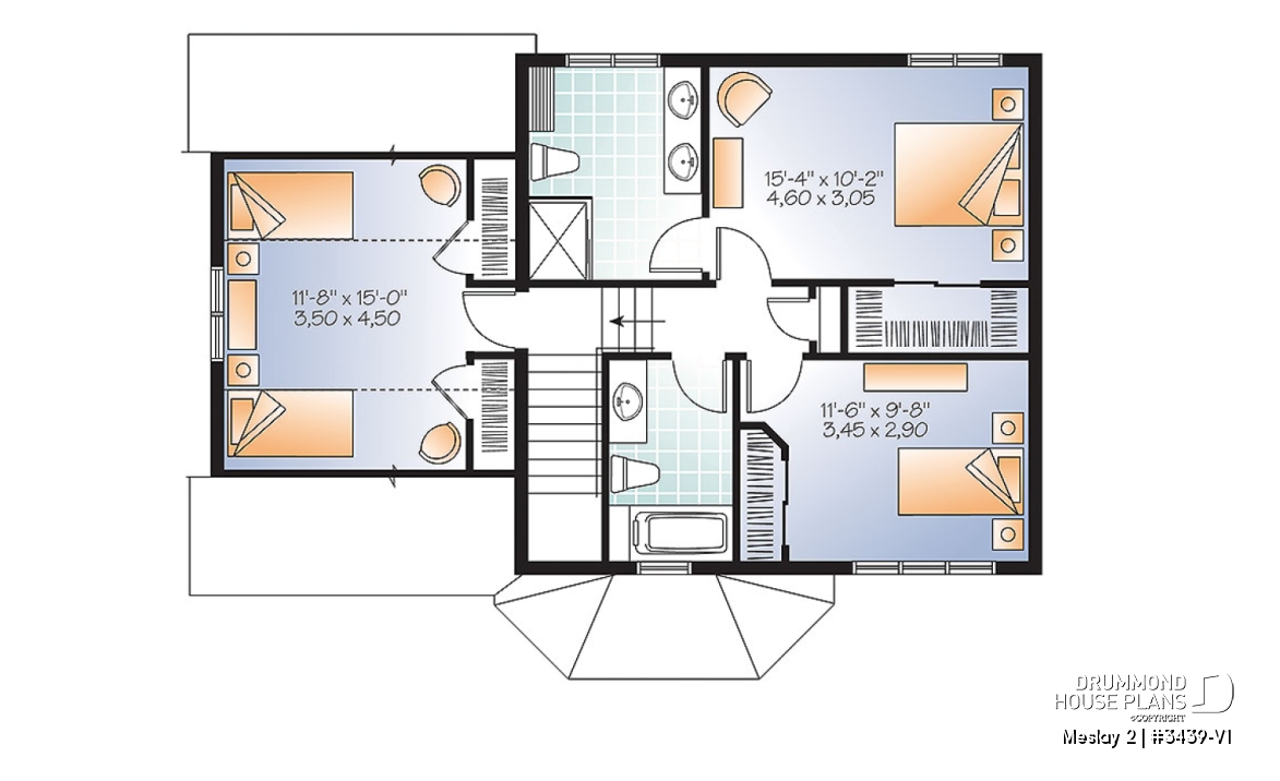 2nd level - Transitional small house plan with functional  open floor plan, 3 large bedrooms and a garage - Meslay 2