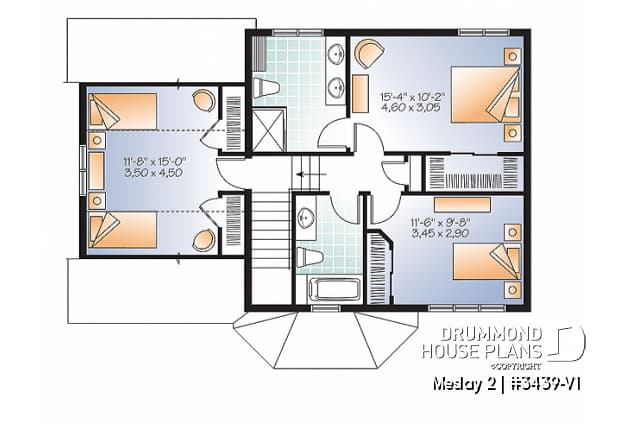 2nd level - Transitional small house plan with functional  open floor plan, 3 large bedrooms and a garage - Meslay 2