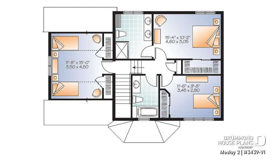 2nd level - Transitional small house plan with functional  open floor plan, 3 large bedrooms and a garage - Meslay 2
