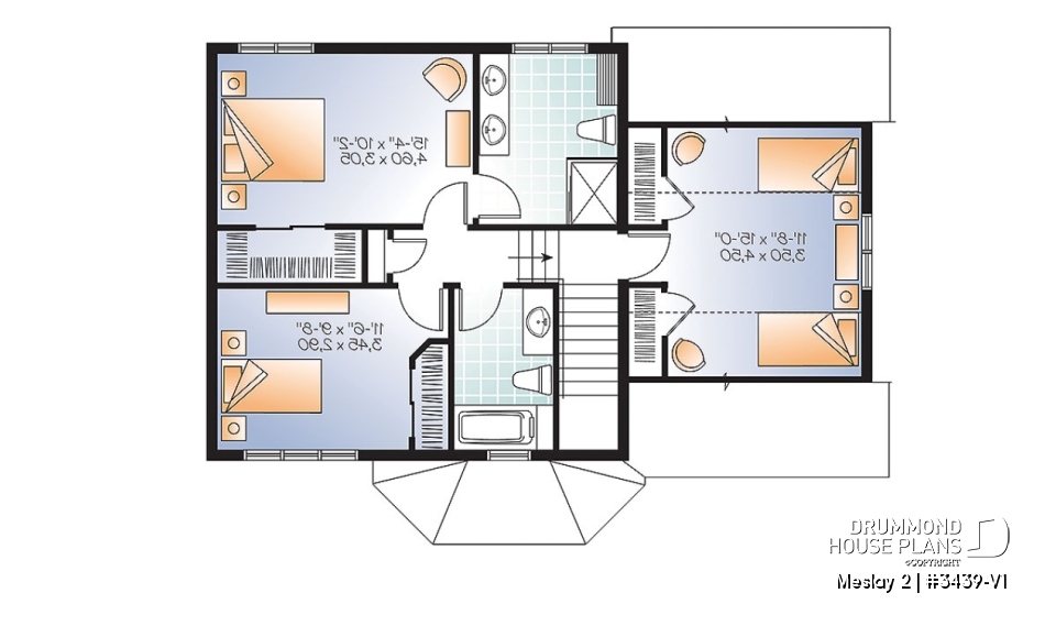 2nd level - Transitional small house plan with functional  open floor plan, 3 large bedrooms and a garage - Meslay 2