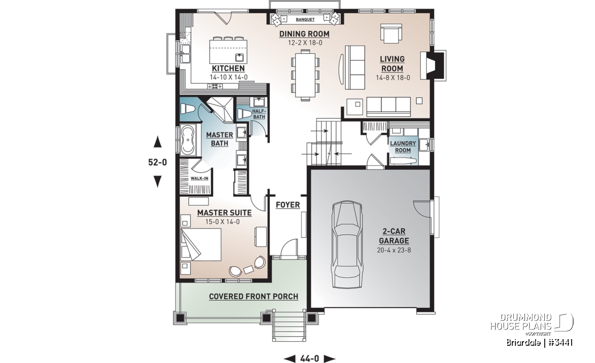 1st level - Craftsman style home plan, 3 to 4 beds, master suite on main floor, open floor plan, two car garage - Briardale