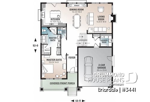 1st level - Craftsman style home plan, 3 to 4 beds, master suite on main floor, open floor plan, two car garage - Briardale