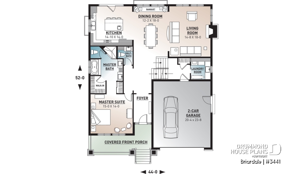 1st level - Craftsman style home plan, 3 to 4 beds, master suite on main floor, open floor plan, two car garage - Briardale