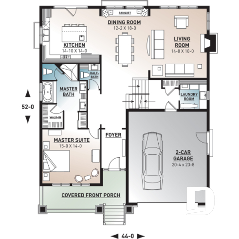 1st level - Craftsman style home plan, 3 to 4 beds, master suite on main floor, open floor plan, two car garage - Briardale