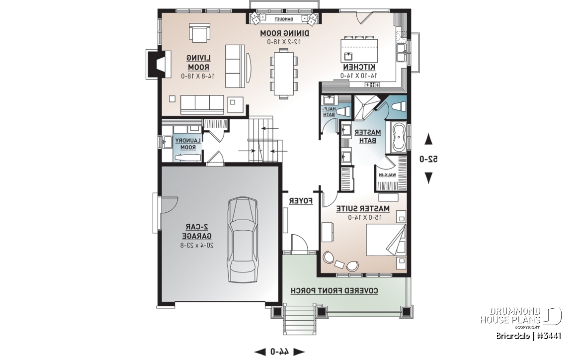 1st level - Craftsman style home plan, 3 to 4 beds, master suite on main floor, open floor plan, two car garage - Briardale