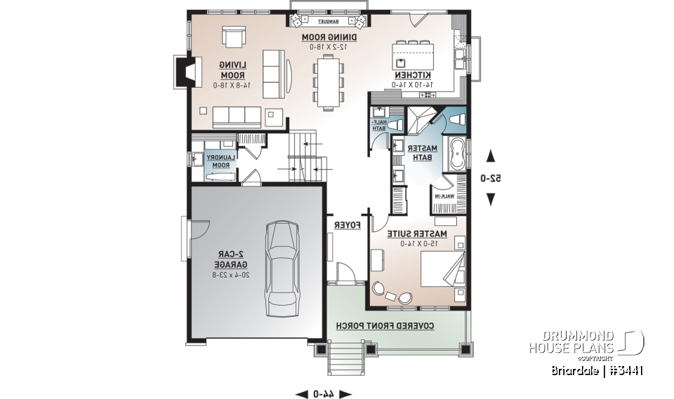 1st level - Craftsman style home plan, 3 to 4 beds, master suite on main floor, open floor plan, two car garage - Briardale