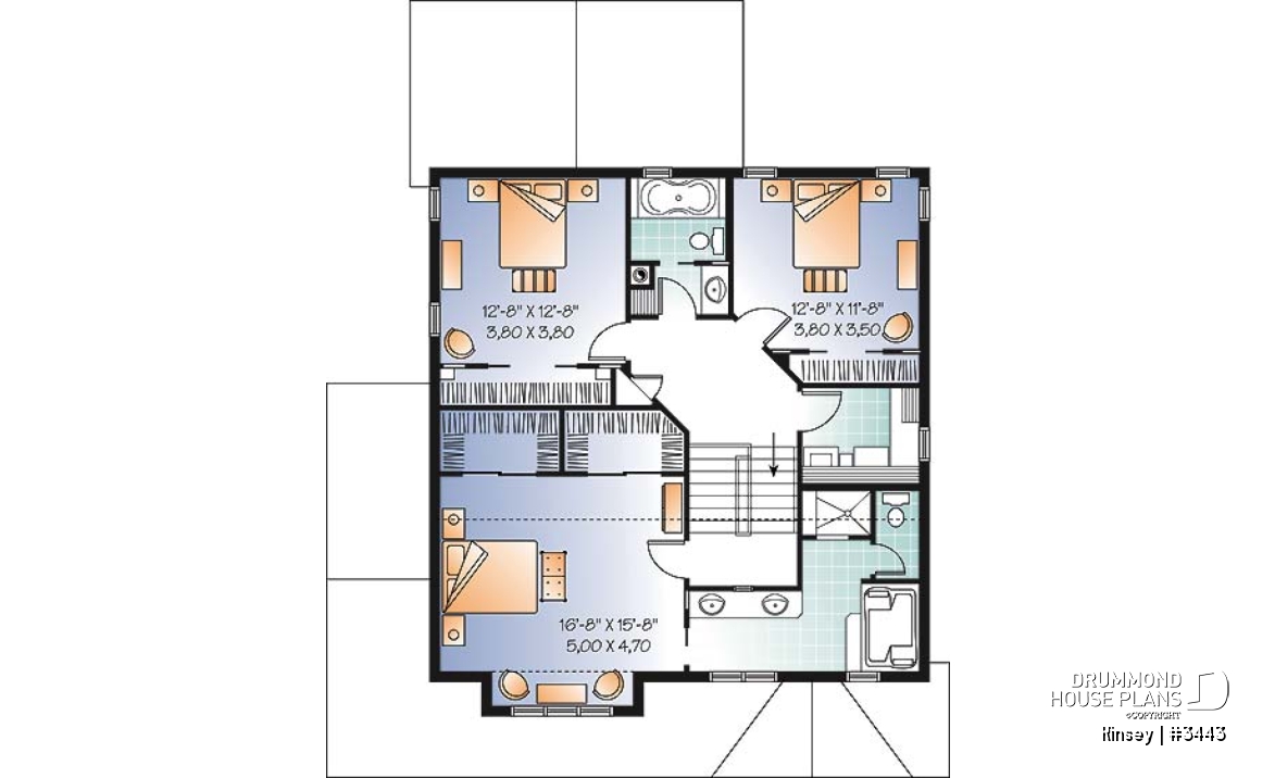 2nd level - House plan with 3 bedroom, double walk-in in large master suite, fireplace &amp; two car garage - Kinsey