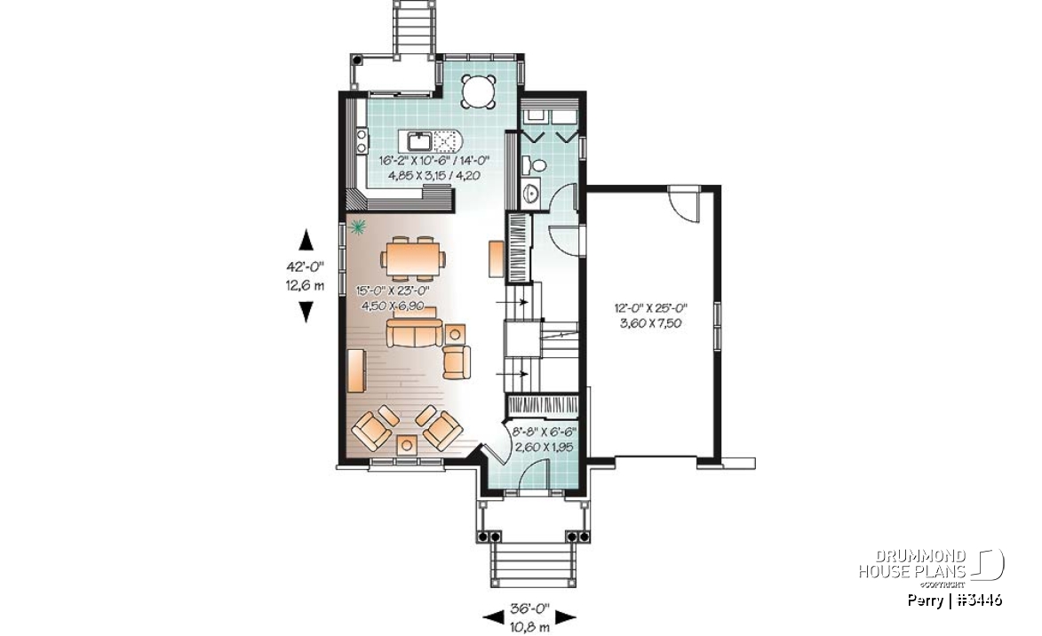 1st level - 3 bedroom manor style house plan, ideal for narrow lot , garage and great master suite - Perry