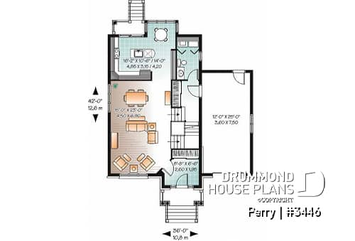 1st level - 3 bedroom manor style house plan, ideal for narrow lot , garage and great master suite - Perry