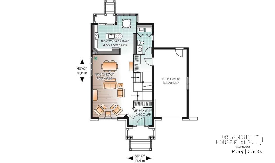 1st level - 3 bedroom manor style house plan, ideal for narrow lot , garage and great master suite - Perry