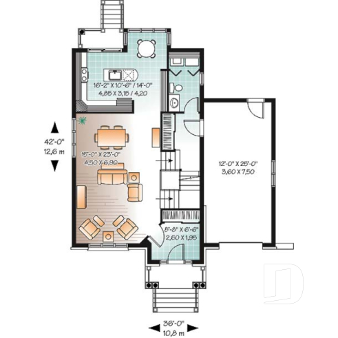 1st level - 3 bedroom manor style house plan, ideal for narrow lot , garage and great master suite - Perry