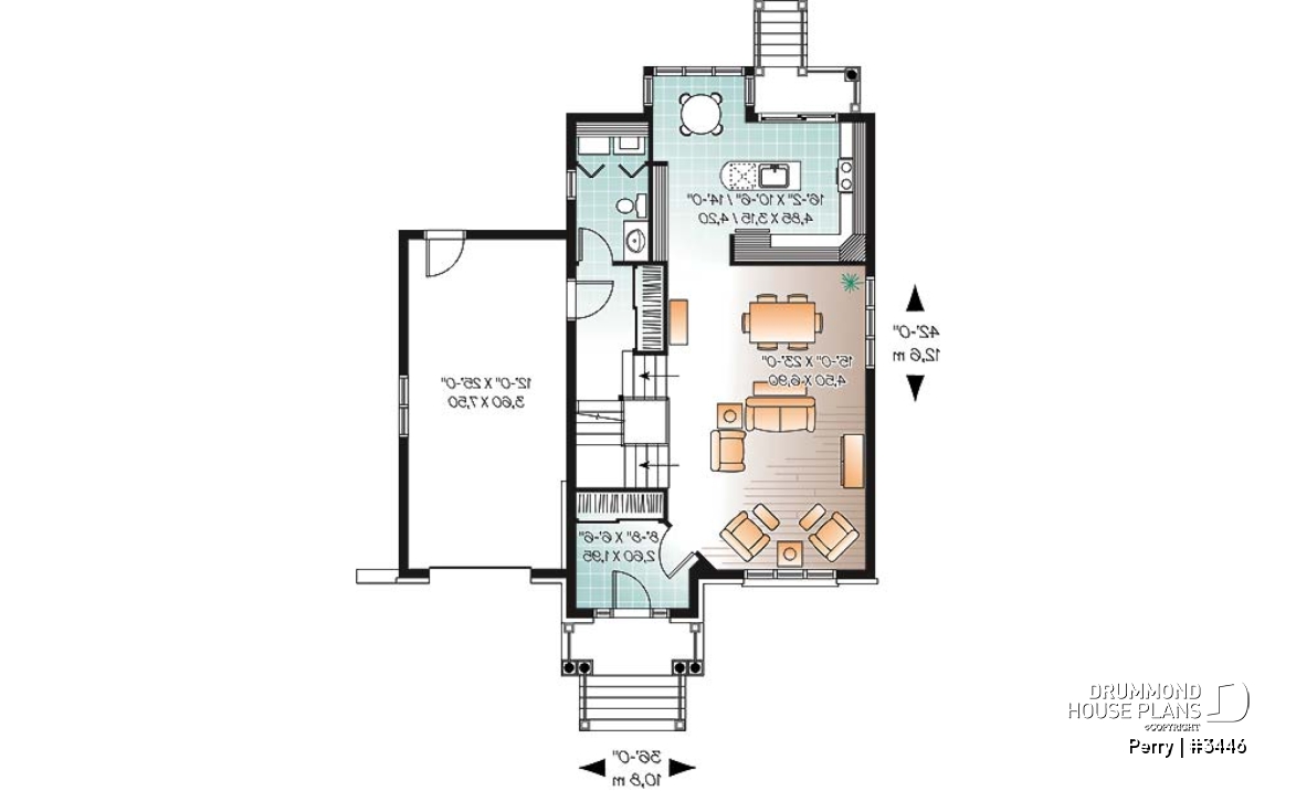 1st level - 3 bedroom manor style house plan, ideal for narrow lot , garage and great master suite - Perry