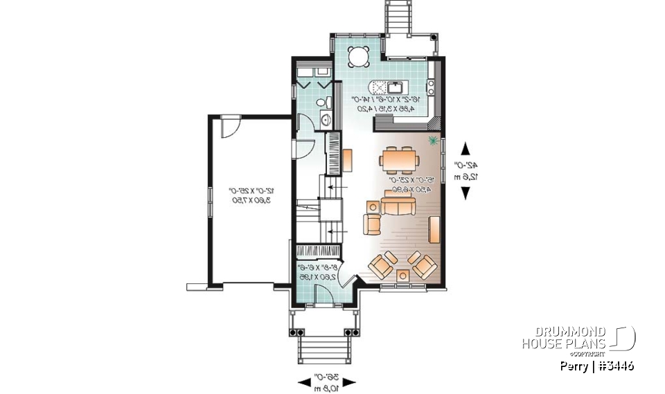 1st level - 3 bedroom manor style house plan, ideal for narrow lot , garage and great master suite - Perry