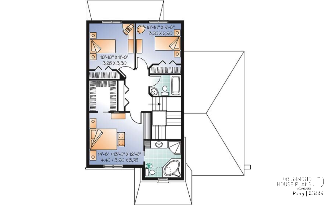 2nd level - 3 bedroom manor style house plan, ideal for narrow lot , garage and great master suite - Perry