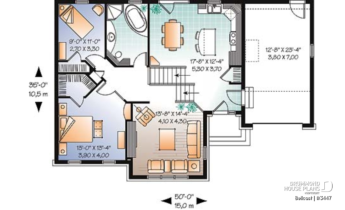 1st level - Split level modern rustic home plan, 2 bedrooms, 11' ceiling at the dining room - Bellcast