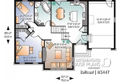 1st level - Split level modern rustic home plan, 2 bedrooms, 11' ceiling at the dining room - Bellcast