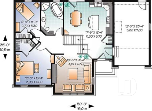 1st level - Split level modern rustic home plan, 2 bedrooms, 11' ceiling at the dining room - Bellcast