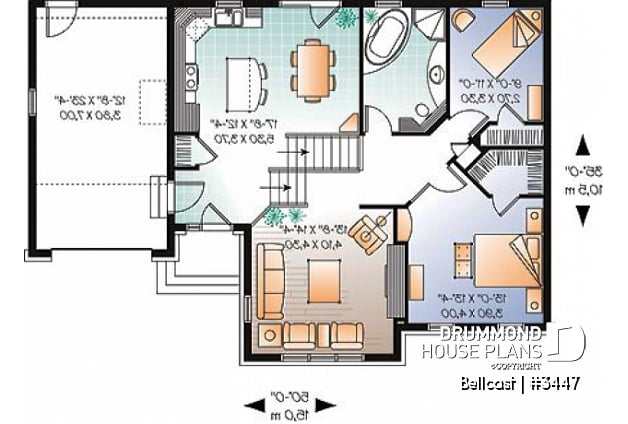 1st level - Split level modern rustic home plan, 2 bedrooms, 11' ceiling at the dining room - Bellcast