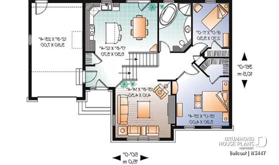 1st level - Split level modern rustic home plan, 2 bedrooms, 11' ceiling at the dining room - Bellcast