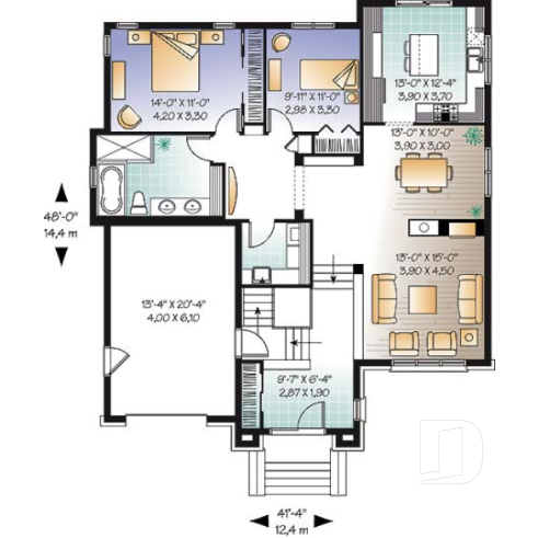 1st level - European 2 bedroom bungalow with central fireplace and garage - Chambers