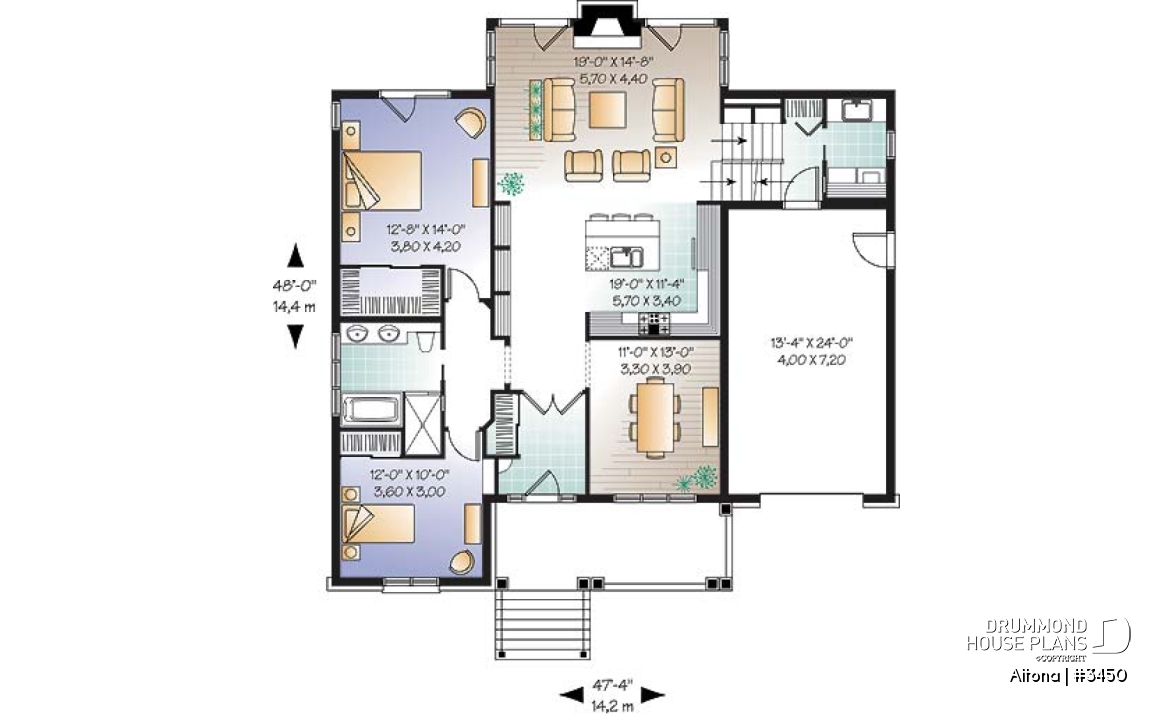 1st level - Comfortable 2 bedroom bungalow house plan with formal dining room, fireplace, garage &amp; bonus space - Altona