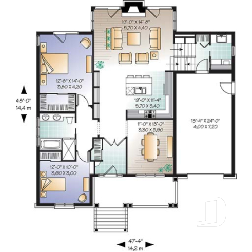 1st level - Comfortable 2 bedroom bungalow house plan with formal dining room, fireplace, garage & bonus space - Altona