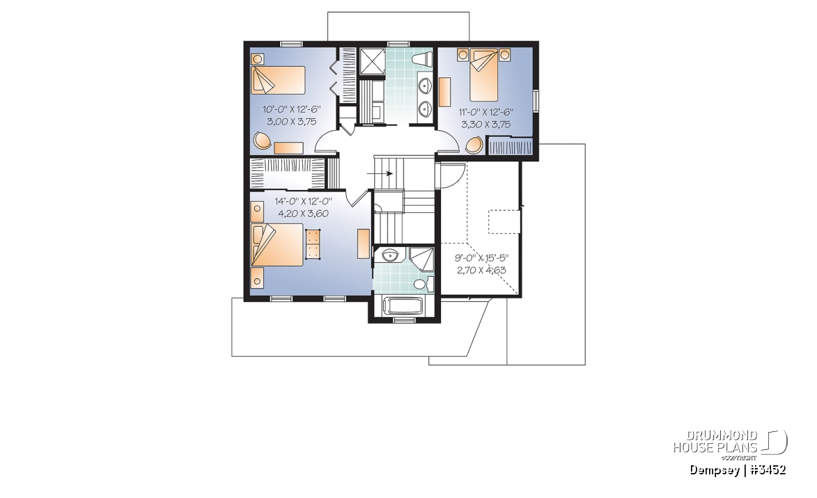 2nd level - 3 bedrooms, 2 storey house plan with garage, master suite and laundry room on 2nd floor, den - Dempsey