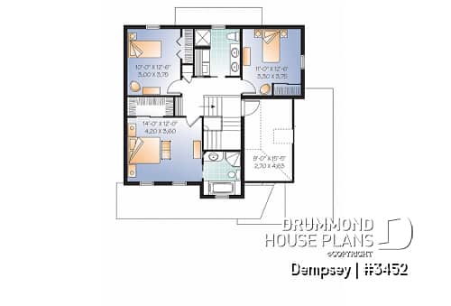 2nd level - 3 bedrooms, 2 storey house plan with garage, master suite and laundry room on 2nd floor, den - Dempsey