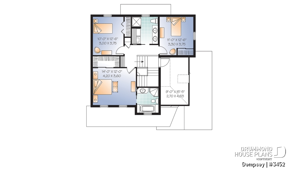 2nd level - 3 bedrooms, 2 storey house plan with garage, master suite and laundry room on 2nd floor, den - Dempsey